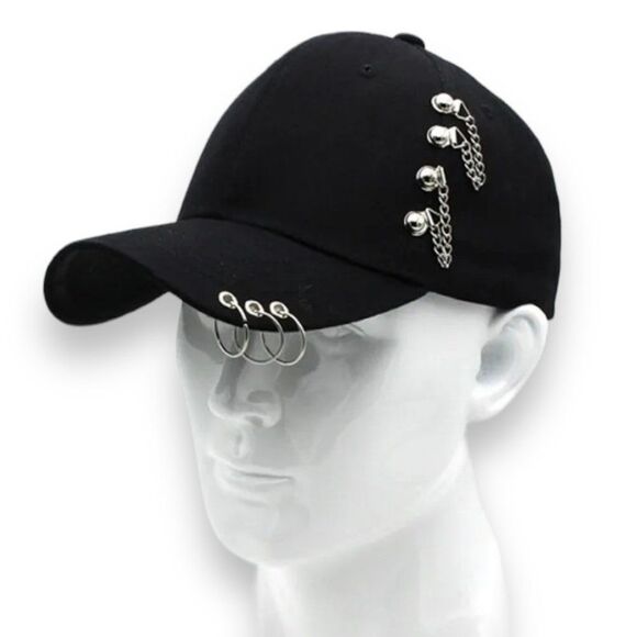 Stylish Silver Chain 0-Rings Black Baseball Cap - NEW - Picture 1 of 3